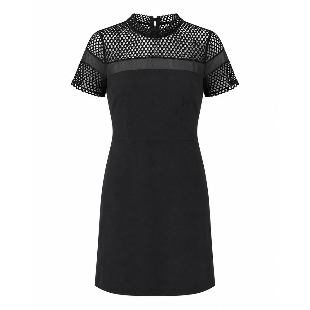 Gianni Bini Dress Crochet Lace Mesh Yoke Mini sz L Fit & Flare LBD Coquette Girl
